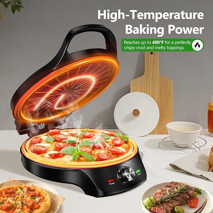 1500W Electric Griddle, 2-in-1 Indoor Griddle and Pizza Maker with 30-Min Timer and Auto Shut-Off, 12" 180° Open for BBQ, Steak, Burgers, Salmon, Veggies, and More