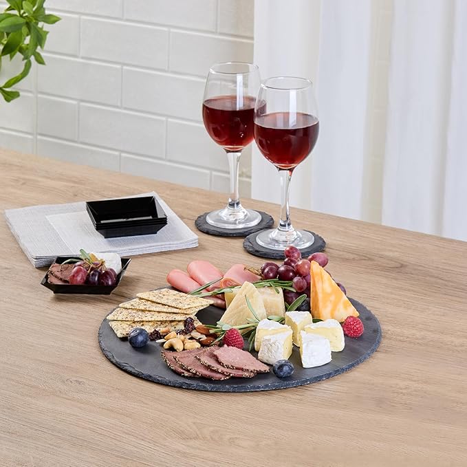 Restaurantware Slate Serving Trays 4 Pack of 11.81" Foam Feet Charcuterie Stone Plates Rustic Edges Freezable Black Square Serving Display Cheese Boards for Kitchen, Gourmet, Dining, Parties