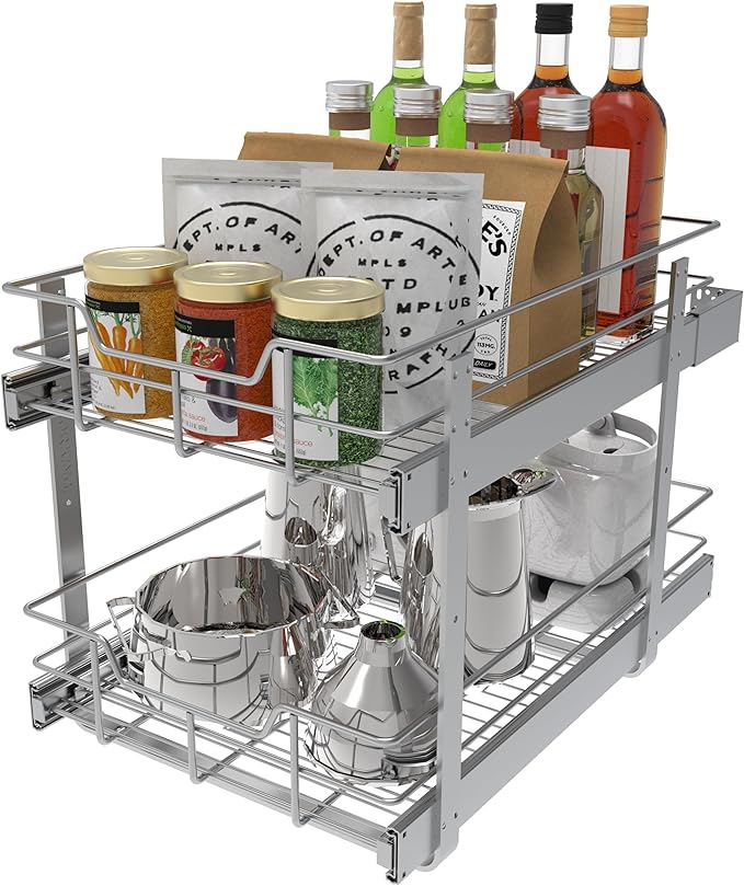 2 Tier Pull Out Cabinet Organizer 15" W X 22" D, Slide Out Drawers For Kitchen Cabinets, Pull Out Drawers For Cabinets Capacity Heavy Duty Caddy, Cabinet Pullout Shelves Chrome-Plated,Bathroom Pantry