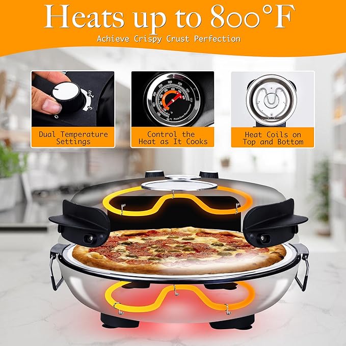 Crispy Crust Pizza Oven-12" Electric Pizza Maker Machine for Home, Pizza Cooker Countertop Maker with Ceramic Stone Heats Up to 800˚F Pizza Oven Indoor, Black