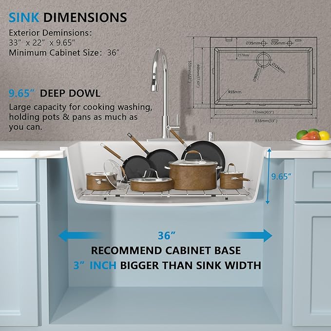 33 Granite Composite Kitchen Sink - Fulorni 33"×22" Granite Kitchen Sink Drop In Topmount White Quartz Classic Above Counter Single Bowl Sink Basin