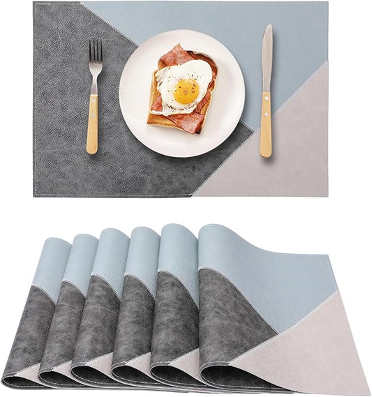 Faux Leather Placemats Set of 6 Reversible,Geometric Pattern PU Placemat for Dining Table,Waterproof Heat Resistant Wipeable Anti Slip Washable Table Mats,Modern Table Protectors
