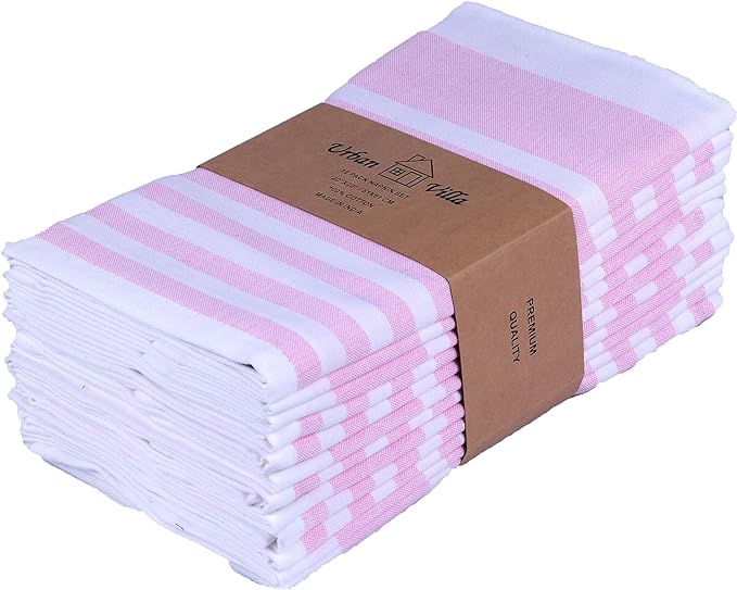 Urban Villa DinnerNapkins Horizontal Stripes Cloth Napkins Set of 12 Pink Color Dinner Napkins 20x20 Inches 100% Cotton Over Sized Cloth Napkins with Mitered Corners DinnerNapkins