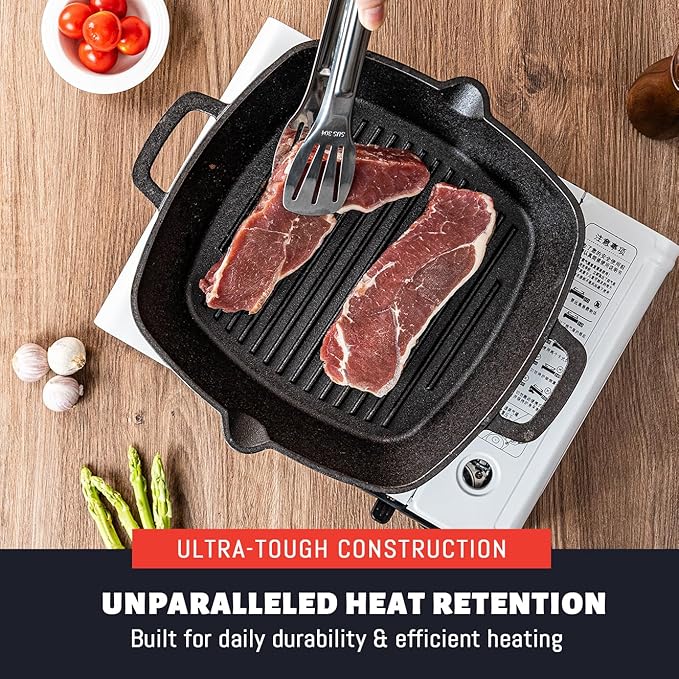 10 Inch Cast Iron Grill Pan & Skillet, Pre-Seasoned Stovetop Griddle Pan with Dual Handles for Indoor Cooking, Frying, Grilling, Searing Steak & Meat on Gas, Electric, Induction Cooktops