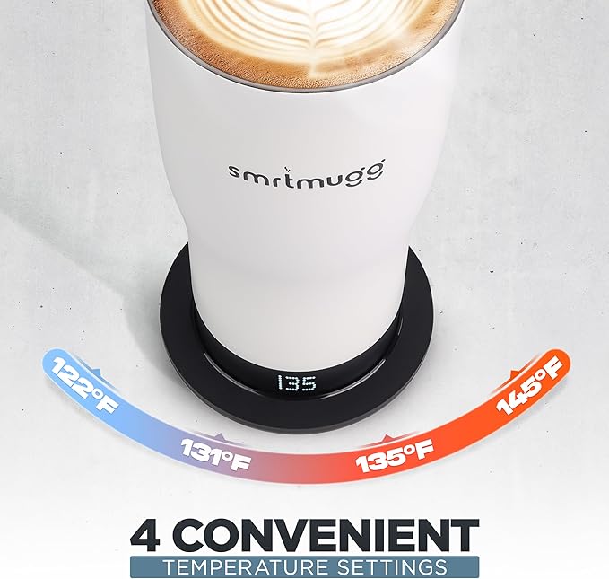 X Heated Coffee Mug 19 oz., 8 Hour Battery Life, Self-Heating, Adjustable Temp Controlled, LCD Screen, Includes Cover with Magnetic Slider (Black) (White)