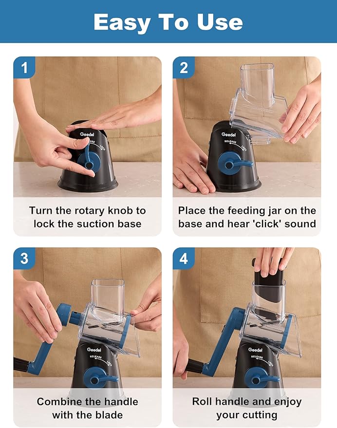 Geedel Rotary Cheese Grater Cheese Shredder - Upgraded 5-in-1 Cheese Grater with Handle and Strong Suction Base, Multi-purpose Vegetable Slicer Ice Shaver Nuts Grinder for Ice, Vegetables, Fruit, Nuts