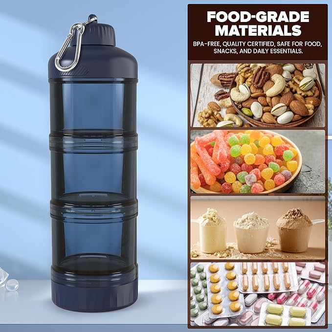 BYLWORKOUT 3-Layer Protein Powder Travel Container with Funnel and Keychain | Portable Food Storage Organizer for Gym, Fitness, Kitchen, Camping, Hiking, and Travel (Ink Blue)