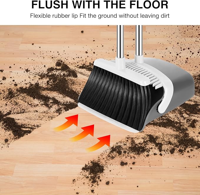 NACENA Broom and Dustpan Set, 52-in Long Adjustable Handle Broom Dustpan Combo with Dustpan Teeth to Automatically Clean Hair Suitable for Home Kitchen Office Hall Floor (Grey&White), 4 Pack