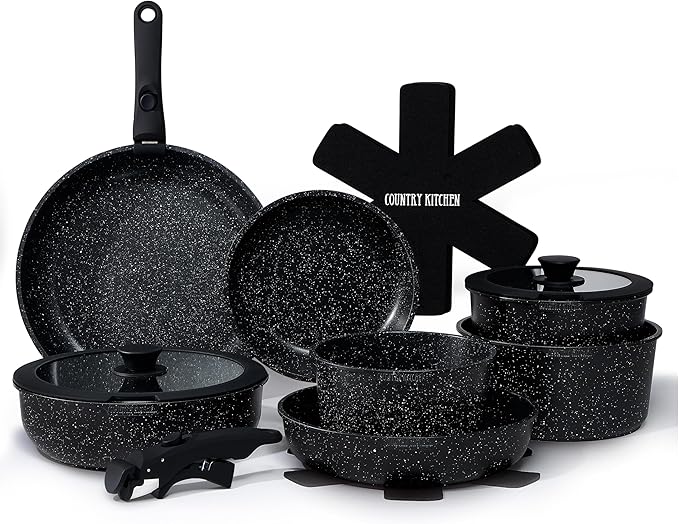 Country Kitchen Cookware Set with Removable Handle, Oven & RV Safe Pots and Pans Set, Black, Deluxe Larger Set