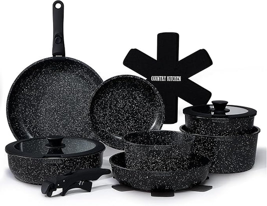 Country Kitchen Cookware Set with Removable Handle, Oven & RV Safe Pots and Pans Set, Black, Deluxe Larger Set