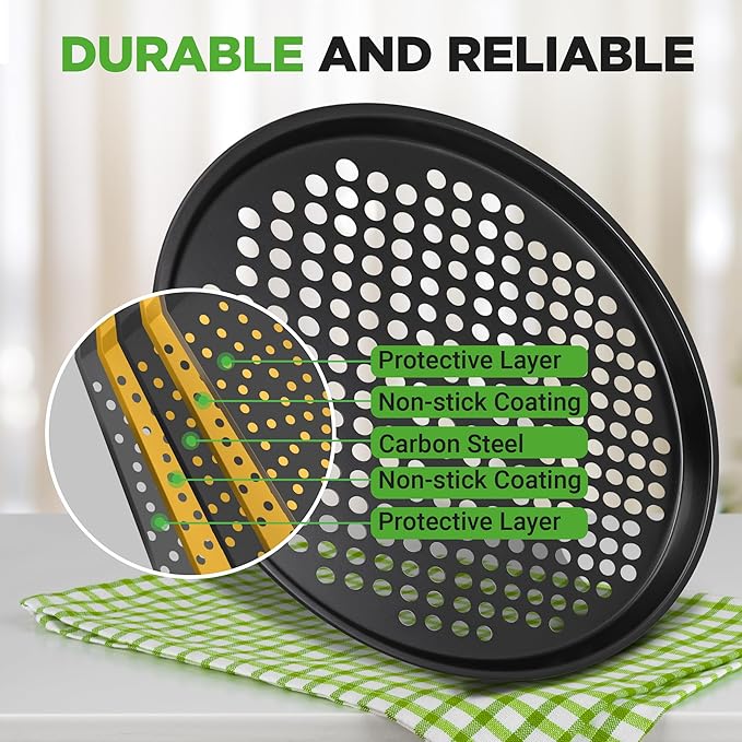 NutriChef Nonstick 13" Pizza Pan (Set of 10), Perforated Round Pizza Tray for Oven, Commercial-Grade Carbon Steel Baking Pan for Homemade, Frozen & Leftover Slices – Easy to Clean & Dishwasher Safe