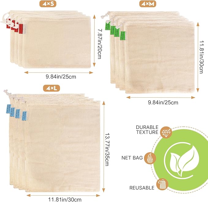 Ycsst 12 Pack Reusable Cotton Mesh Produce Bags - 100% Organic Cotton - Produce Bag - Double-Stitched - With Drawstring Produce Bag For Vegetables,Fruit & Grocery Shopping,4xS, 4xM, 4xL.