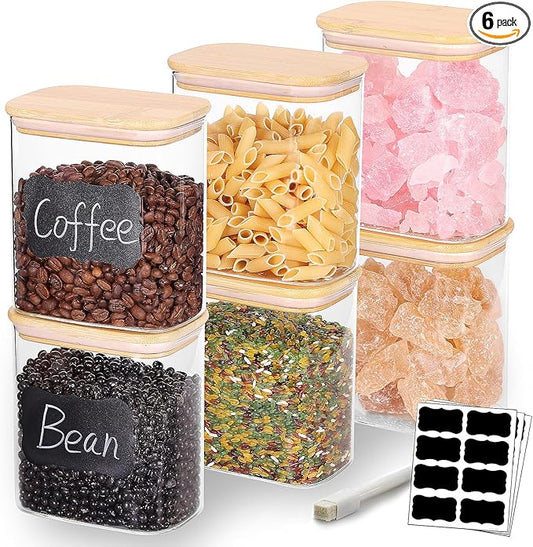 33OZ Airtight Glass Food Storage Containers with Lids - Set of 6 for Pantry, Cereal, Flour & Rice Dispensing - Rectangle Shapes with Bamboo Lids - Ideal for Kitchen Organization & Meal Prep
