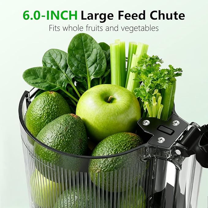 B11 Cold Press Juicer, 6" Extra Wide Feed Chute Slow Masticating Juicer Machine, Powerful AC Brushless Motor, Self Precut System, Easy to Clean, BPA-Free, Extra one Replace juicer strainer