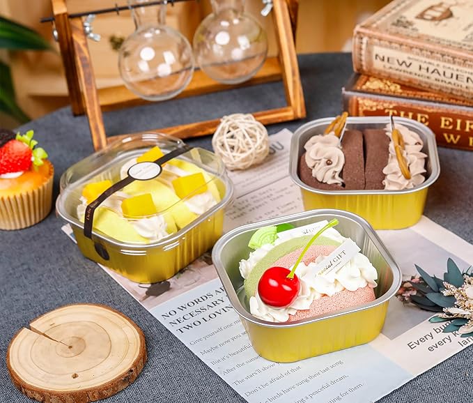 60 Pack Mini Cake Pans with Lids Square Mini Aluminum Pans Pie Tins Flan Containers for Wedding Birthday Party Gift (10 OZ, Gold)