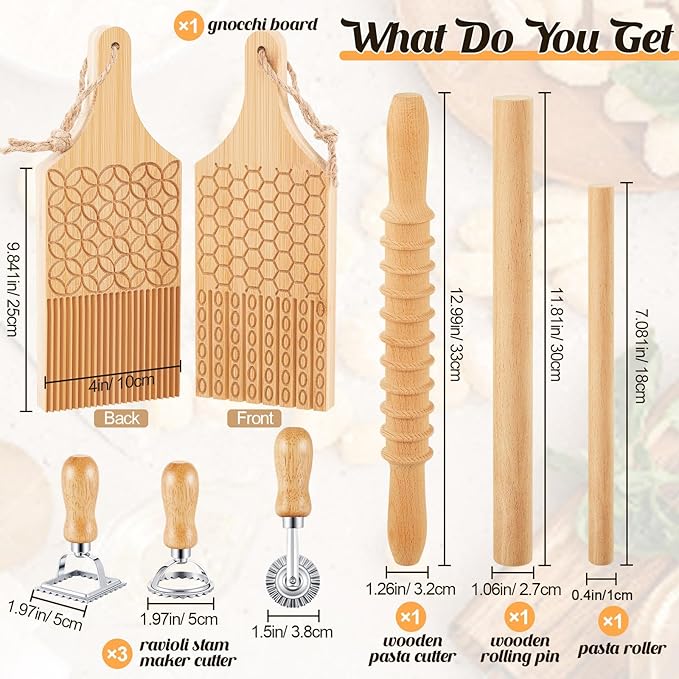 Tioncy 7 Pcs Pasta Making Tool Set Wood Gnocchi Board with Ravioli Stamp Ravioli Maker and Rolling Pin Homemade Gnocco Maker Kitchen Gift for Christmas Baking Lovers(Pattern Gnocchi Board Set)