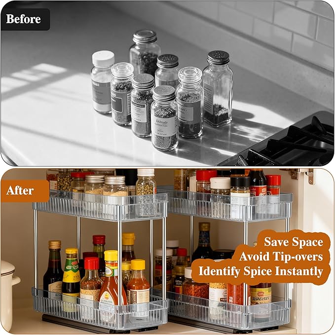3 Pack Pull Out Spice Rack Organizer for Cabinet, 2 Tier Slide Out Spice Racks Organizer, Spice Cabinet Organizers, Cabinet Size Need:12'' High x 11'' Deep x 5'' Wide, Clear Acrylic
