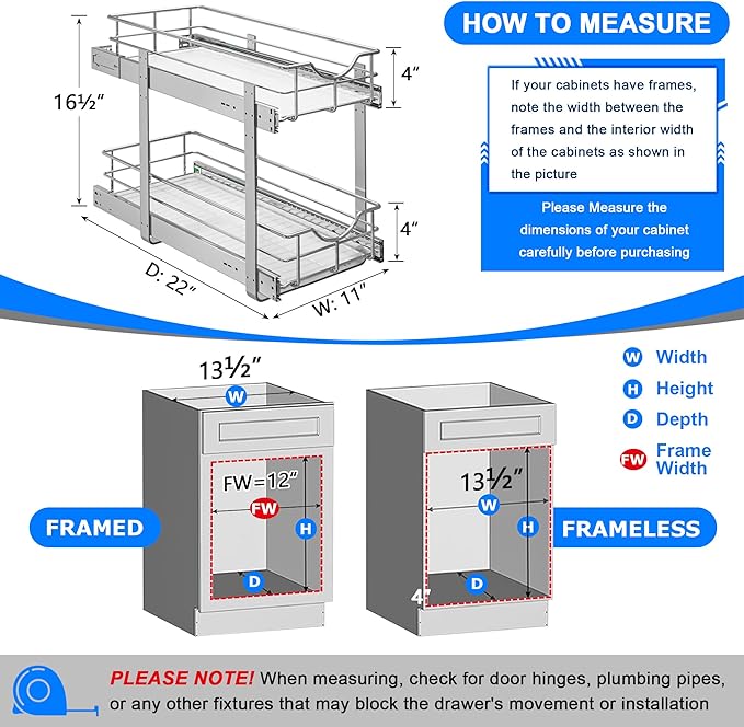 WelFurGeer 2-Tier Stainless Steel Pull Out Cabinet Organizer, Soft Close Damping Slides, Heavy Duty Chrome Plated Wire Basket with Shelf Liner, Perfect for Kitchen Cabinets, Pantry Storage, Under Sink