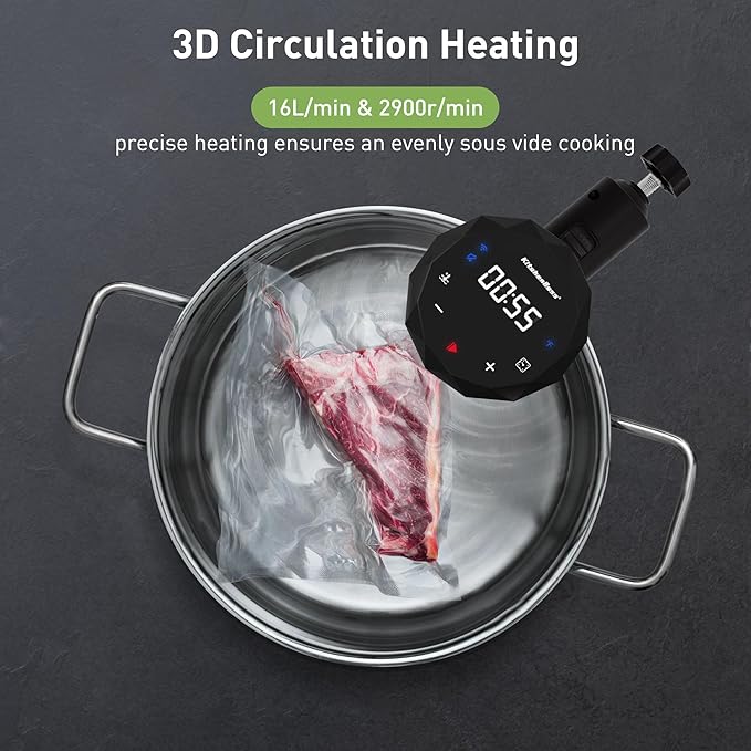 KitchenBoss Wifi Sous Vide Cooker: Ultra-quiet Sous Vide Machine Immersion Circulator APP Control, IPX7 Waterproof All-stainless Steel 1100W Sous Vide Precision Cooker Fast-Heating, Carbon Black