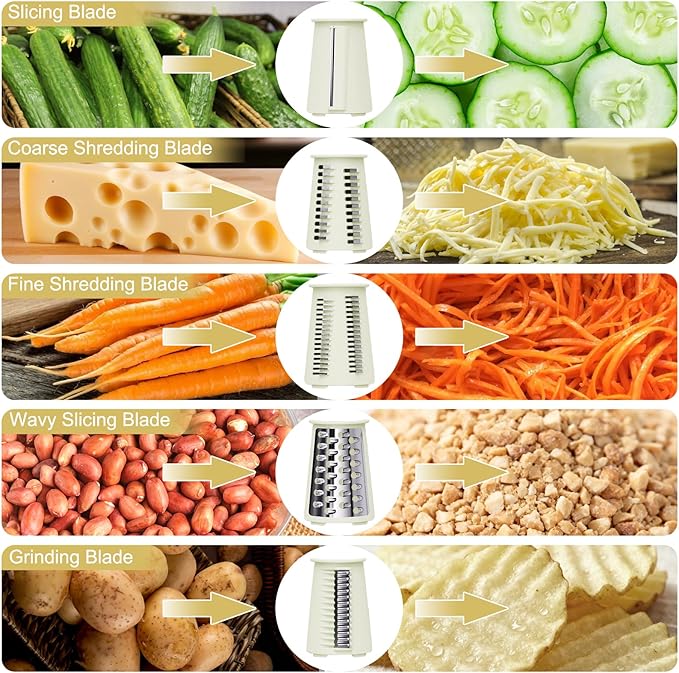 5 in 1 Cheese Grater with Rotary Hand Crank - Vegetable Chopper with Replaceable Stainless Blades, Strong Suction Base, Handle, Blade Storage Box, Easy-Clean Multipurpose Kitchen Slicer (White)
