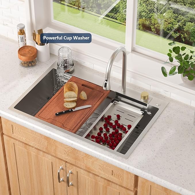 Lordear 33x22 Inch Waterfall Kitchen Sink Drop In 33 Inch Kitchen Sink With Faucet Smart Workstation Stainless Steel 16 Gauge Single Bowl with Glass Rinser Faucet and Built-in Accessories