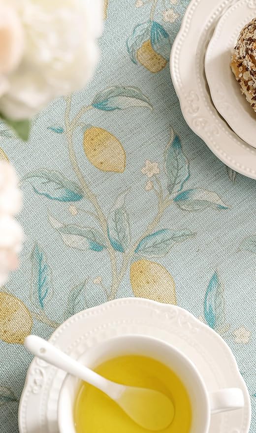 patdrea Designer Green Tablecloth for Round Tables,Vintage Linen with Yellow Fruits Pattern Tablecloths,Cottage Rustic Table Cover Cloth Decor for Kitchen Dining Christmas,Diameter 67"