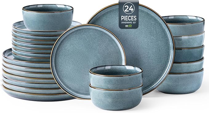 GBHOME Ceramic Dinnerware Sets for 8, 24 Pieces Stoneware Plates and Bowls Sets, Scratch Resistant Dishes, Dishwasher & Microwave Safe, Reactive Glaze-Space Blue