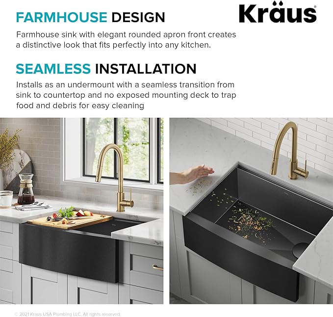 KRAUS Kore Workstation 27-inch Farmhouse Apron Front 16 Gauge Black Stainless Steel Single Bowl Kitchen Sink in PVD Gunmetal Finish with Accessories, KWF210-27-PGM