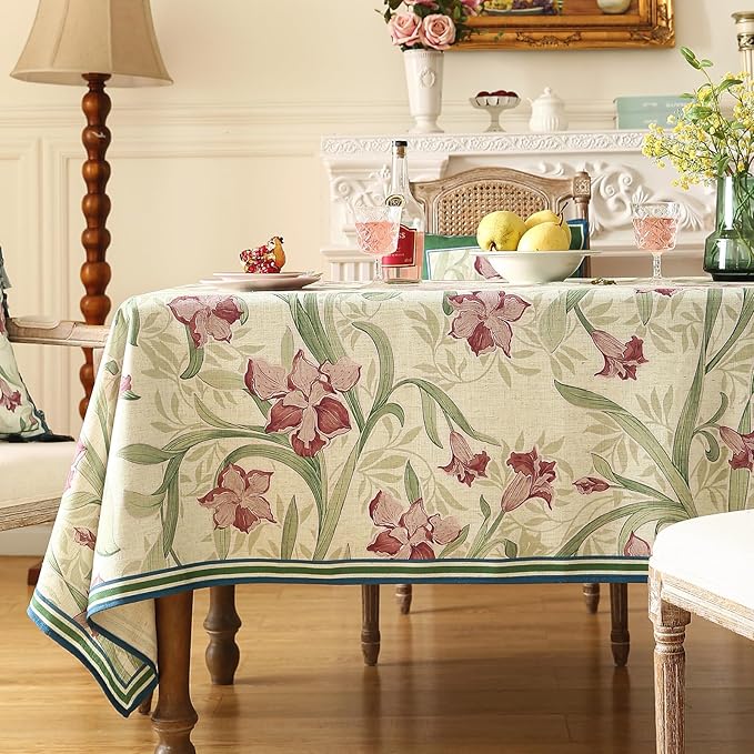 patdrea Designer Purple Tablecloth for Rectangle Tables,Framhouse Linen Violets and Leaves Pattern Linen Tablecloth,Elegant Floral Table Cover Cloth Decor for Kitchen Dining Christmas,55"*87"