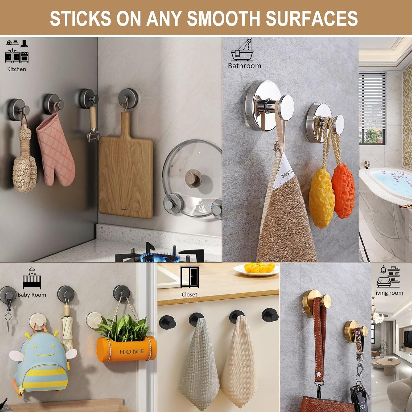 ZESLMG Suction Cup Hooks for Shower Wall, Door Wreaths, Removable Inside Shower Towel Hooks for Bathroom Window Glass Kitchen- Bath Robe Loofah Suction Hooks for Hanging More Surfaces (Black, 2 Pack)