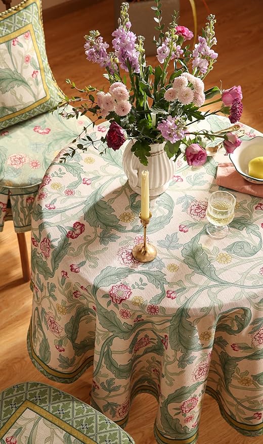 patdrea Designer Green Tablecloth for Round Tables,Vintage Linen with Leaves and Flowers Pattern Tablecloths,Farmhouse Floral Table Cover Cloth Decor for Kitchen Dining Christmas,Diameter 67"