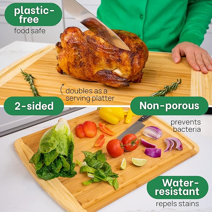 GREENER CHEF 20 Inch Extra Large Bamboo Cutting Board with Lifetime Replacement - Wooden Butcher Block for Kitchen, Carving Meat, Vegetables, and Charcuterie with Deep Juice Groove