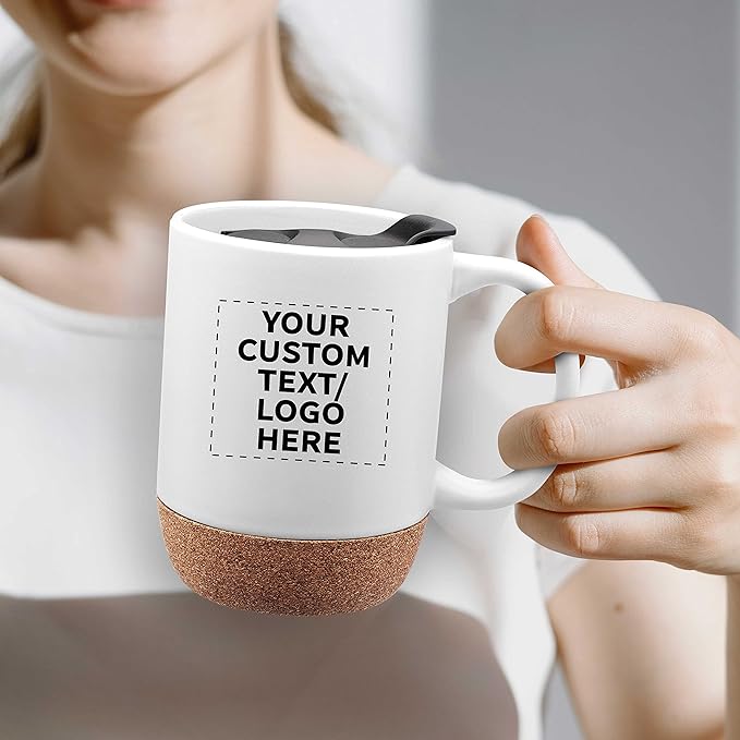 Custom Barista Ceramic Mugs with Cork Bottom 13 oz. Set of 36, Personalized Bulk Pack - Perfect for Coffee, Tea, Espresso, Hot Cocoa, Other Beverages - White