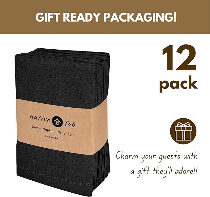 Native Fab Set of 12 Cotton Cloth Napkins, 18x18 inch, Hemstitch Mitered Corners, Soft, Absorbent, Reusable Fabric, Table Linen Napkins for Wedding, Events, Lunch, Dinner, and Daily Use - Black