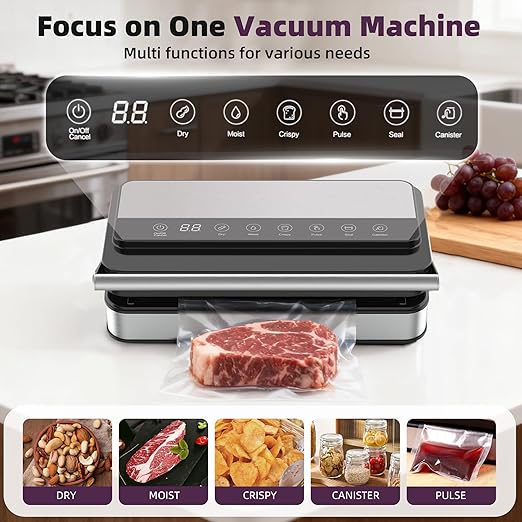 10-In-1 Vacuum Food Sealer Machine, 85Kpa 200W Automatic Food Sealer, Low Noise Food Vacuum Saver with Sealer Bags, Roll, Build-in Cutter, Handheld and Compact Design with Digital Timer