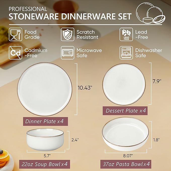 Herogo Dinnerware Sets with Pasta Bowls for 4, 16 Piece Dinner Salad Plates and Cereal Serving Bowls, Double Reactive Glaze, Microwave & Dishwasher Safe, Chip & Scratch Resistant, Ivory White