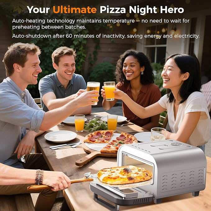 Pizza Oven Indoor, Makes 12 Inch Pizzas in 90s at 850°F, Countertop Electric Pizza Oven with Continuous Baking Without Reheating, Pizza Cooker with 6 Preset Modes, Pizza Stone & Peel Included