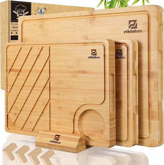 Large Bamboo Cutting Boards Set of 4 for Kitchen, Bamboo Charcuterie Chopping Board with Holder Non Slip, Steak Serving Tray with Juice Groove, Big Butcher Block for Cheese, Ideal for Gift