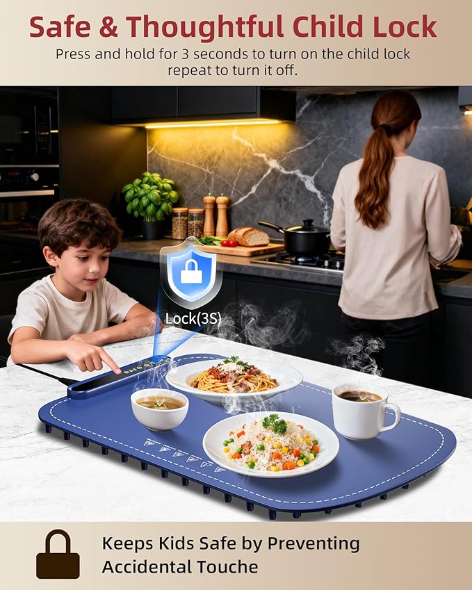 Warming Mat for Food, Upgraded Fast-Heating Electric Warming Tray with 7 Temp Levels & 8 Timers, Buffet Raised Feet & Rollable Silicone Heat Pad, Portable Food Warmer for Home, Party & Travel (Blue)