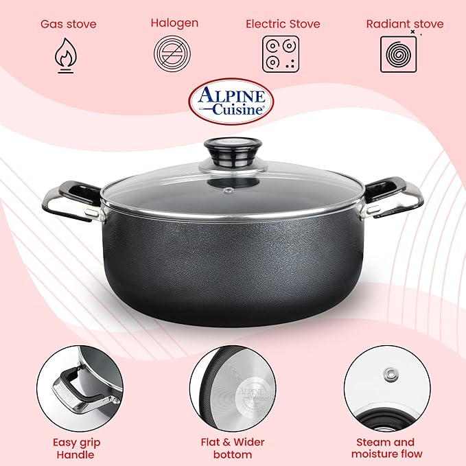 Alpine Cuisine 13 Quart Non-stick Stock Pot with Tempered Glass Lid and Carrying Handles, Multi-Purpose Cookware Aluminum Dutch Oven for Braising, Boiling, Stewing