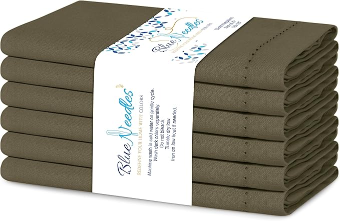 Blue Needles Set of 6 Hemstitch Linen Napkins 100% Cotton Olive Green Cloth Dinner Napkins 18x18 inches, Soft, Reusable, Absorbent, Washable, Ideal for Fall Thanksgiving Events, Parties & Everyday Use