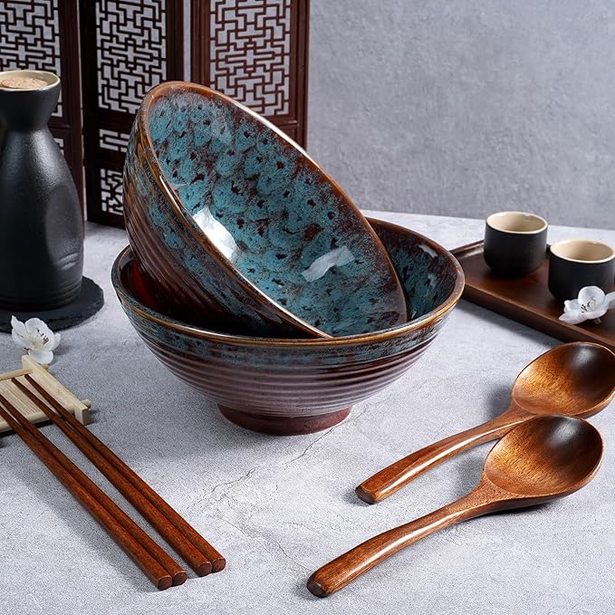 NUTRIUPS 8 Inch Ceramic Ramen Bowl Set of 2 Pho Bowls Japanese Noodle Udon Soup Bowls with Spoons and Chopsticks (Peacock Tail)