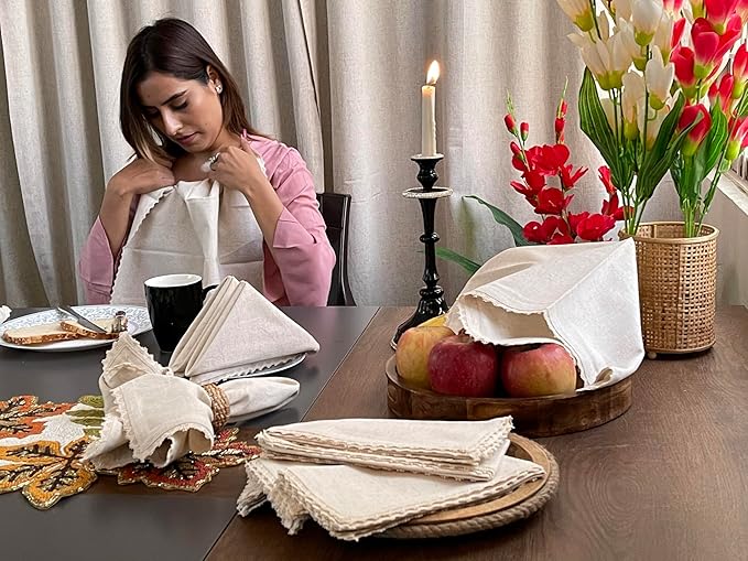 Bedding Craft Cloth Dinner Napkins Linen Flax Cotton 18x18 Set of 12 – Natural with Lace & Mitered Corners – Machine Washable Reusable Fabric Napkins for Weddings, Parties & Table Decorations