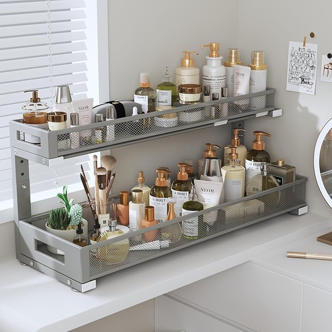 2 Pack 20.47IN Depth Under Sink Storage Organizer, Large 2-Tier Elegant Mesh Pull Out Shelf for Kitchen and Bathroom Cabinet Organization, L-Shaped and Adjustable Height Design-Gun Gray