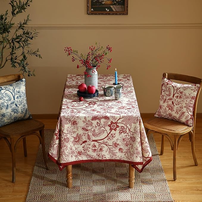 French Tablecloth for Rectangle Tables,Linen Table Cloth with Red Flowers Pattern,Heavy Durable Table Cover for Dining Thanksgiving Kitchen Decor Party Christmas,63"*102"