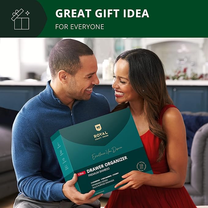 ROYAL CRAFT WOOD Luxury Bamboo Kitchen Drawer Organizer - Silverware Organizer - Utensil Holder and Cutlery Tray with Grooved Drawer Dividers for Flatware and Kitchen Utensils (5 Slot, Gray)