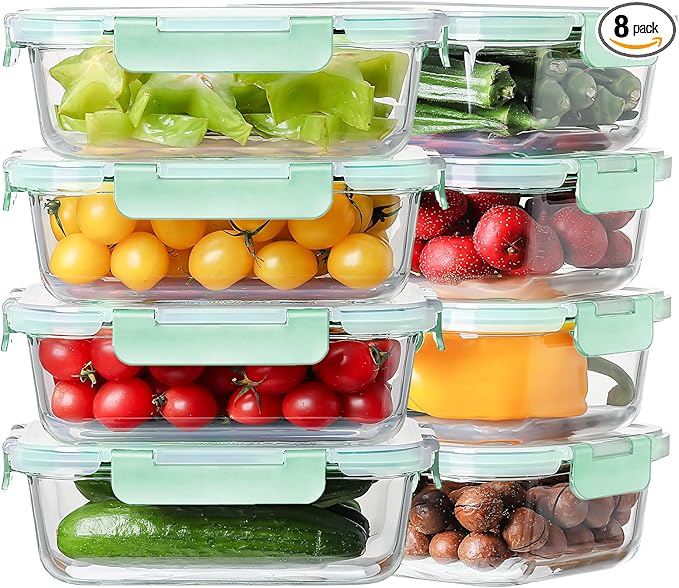 8 Pack 36oz Large Glass Meal Prep Containers with lids, Glass Food Storage Containers with Leak Proof Snap Lock Lids , Airtight Bento lunch Boxes, Kitchen Storage, Oven and Dishwasher Safe-Light Blue