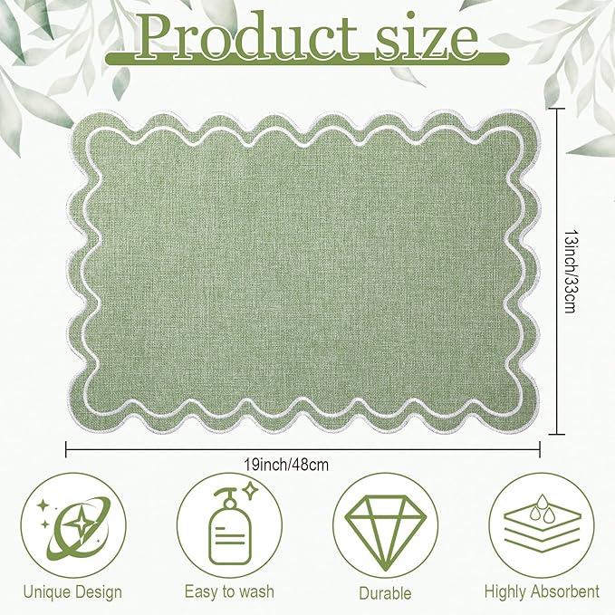 12 Set Linen Placemat 13x19 Wavy Embroidery Scalloped Placemat Double Layered Washable Farmhouse Dinner Table Mat Fabric Napkin for Christmas Hotel Restaurant Wedding Party(Sage Green)