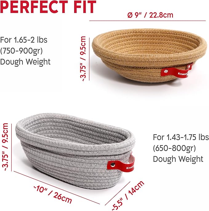 KneadAce Cotton Rope Banneton Bread Proofing Basket Set, Oval & Round Bread Baskets with Liners & Covers for Artisan Bread Baking, Sourdough Bread Baking Supplies