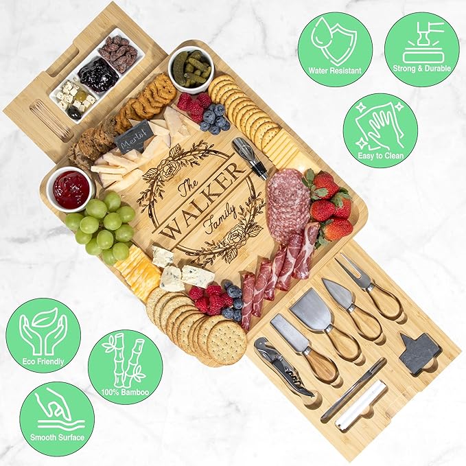 Personalized Charcuterie Board Gift Set with Ceramic Bowls, Bamboo Cheese Board, Wedding Gifts for Couples, Housewarming Gift, Birthday Gifts for Women and Men, Custom Engraved
